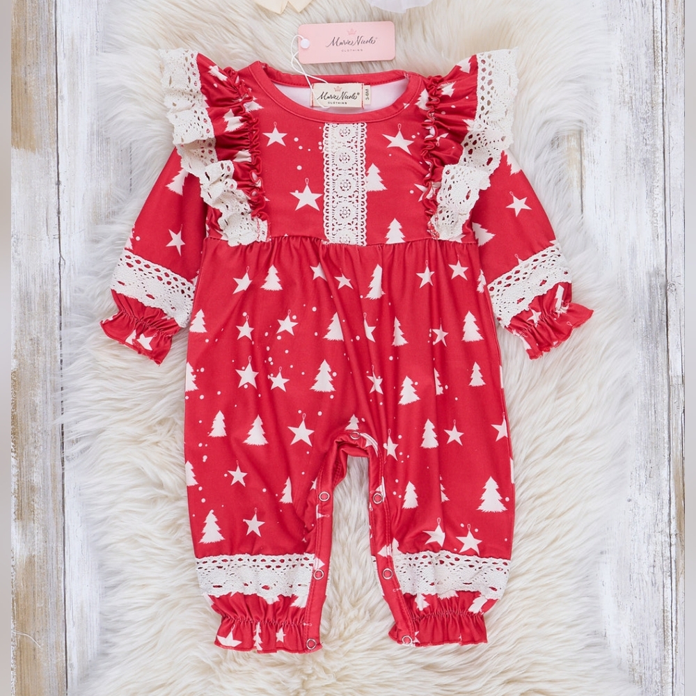 Christmas Cheer Lace Hem Romper New Size 3-6m